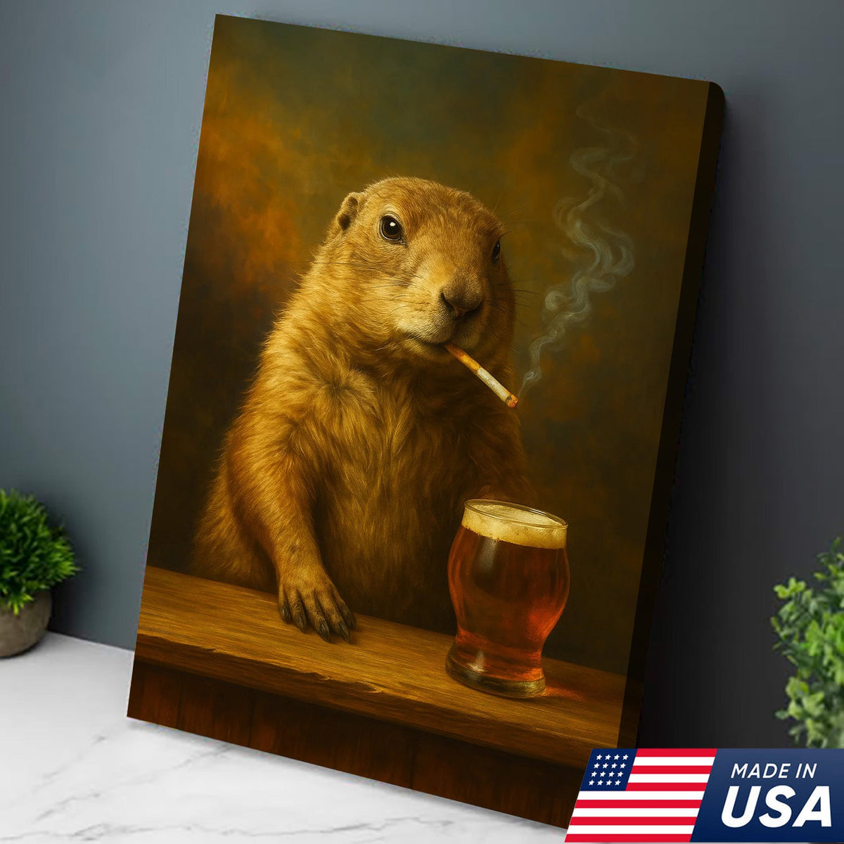 Rustic Prairie Dog Canvas Wall Art – Funny Wildlife Bar Scene with Beer – Hunting Cabin Decor