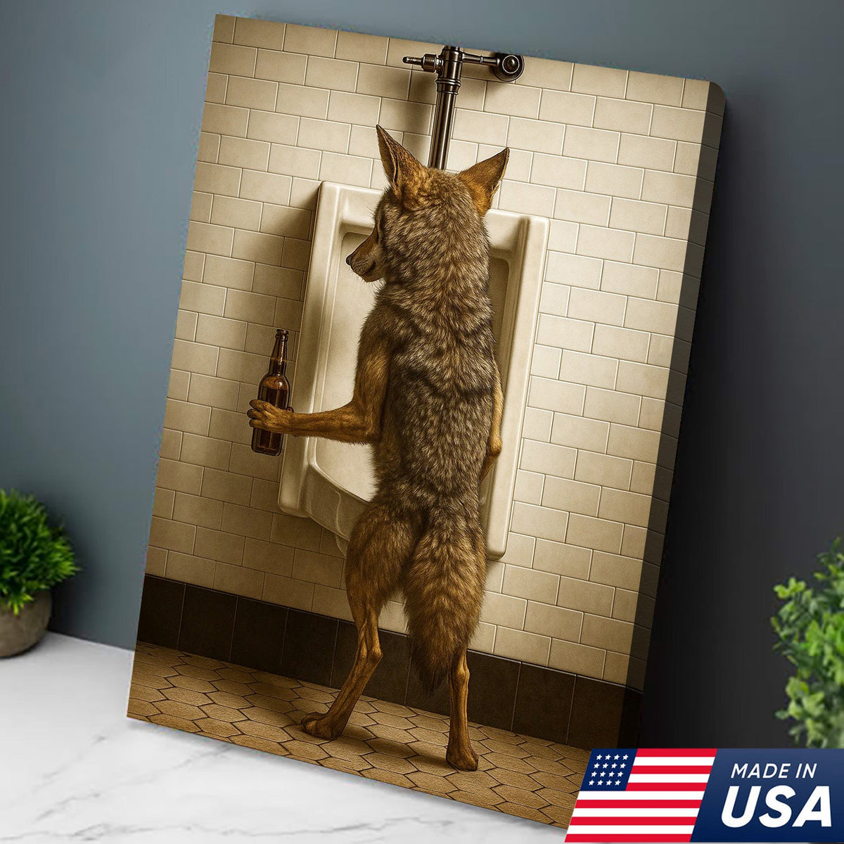 Hilarious Coyote Canvas Wall Art – Funny Bathroom Humor Decor – Rustic Hunting Cabin Gag Gift