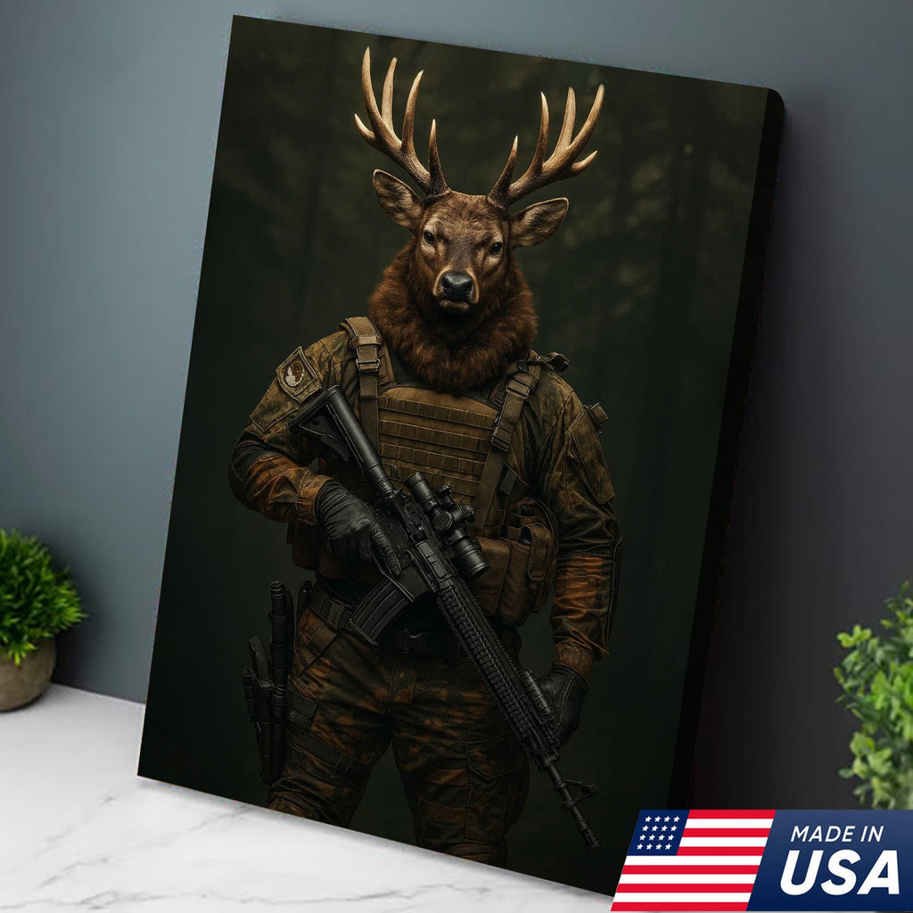 Tactical Deer Canvas Art – Elite Antlered Warrior in Combat Gear