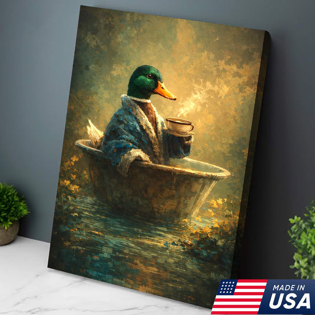 Whimsical Duck Coffee Bath Canvas Wall Art, Cozy Animal Painting