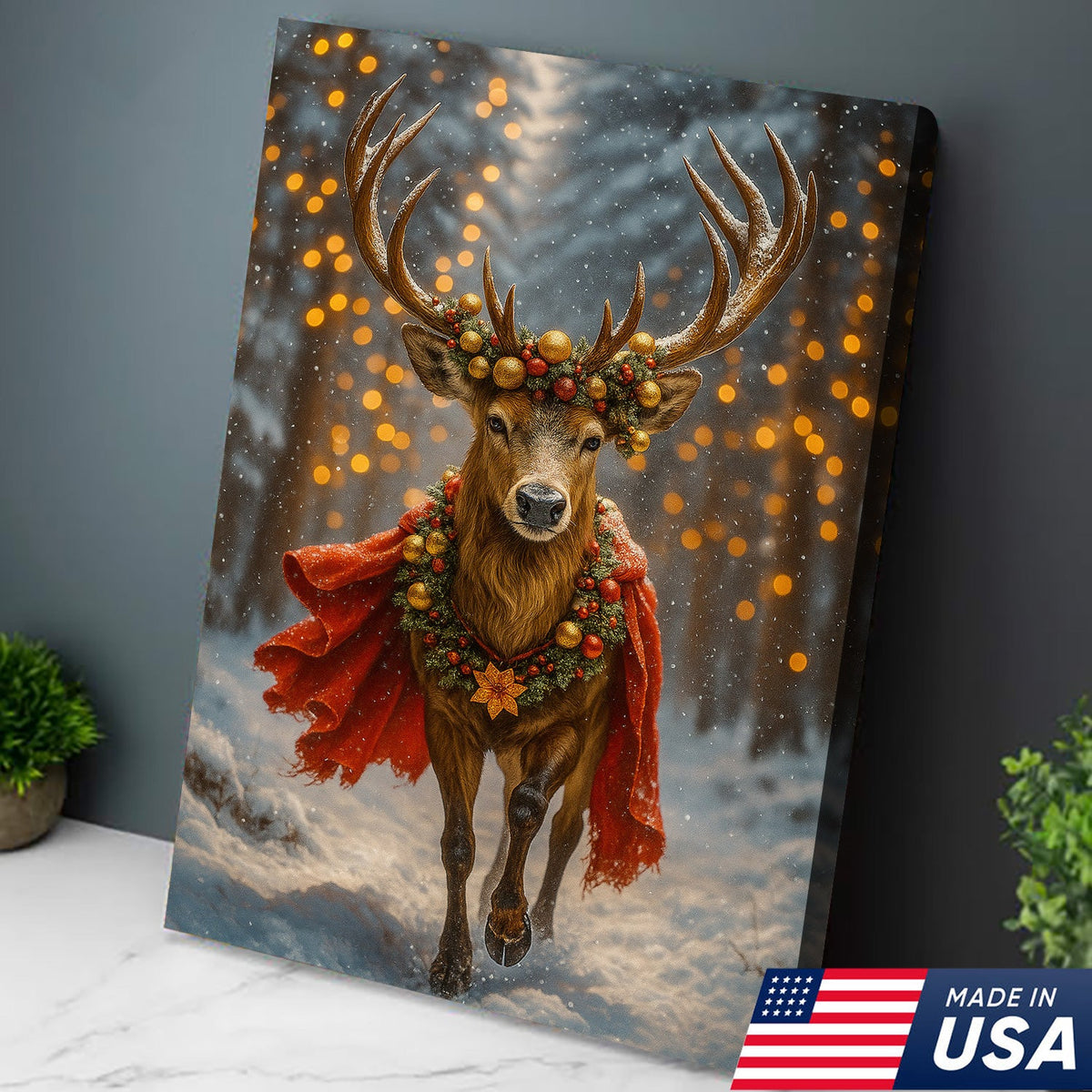 Majestic Christmas Deer Art Canvas – Holiday Forest Decor with Wreath & Red Cape