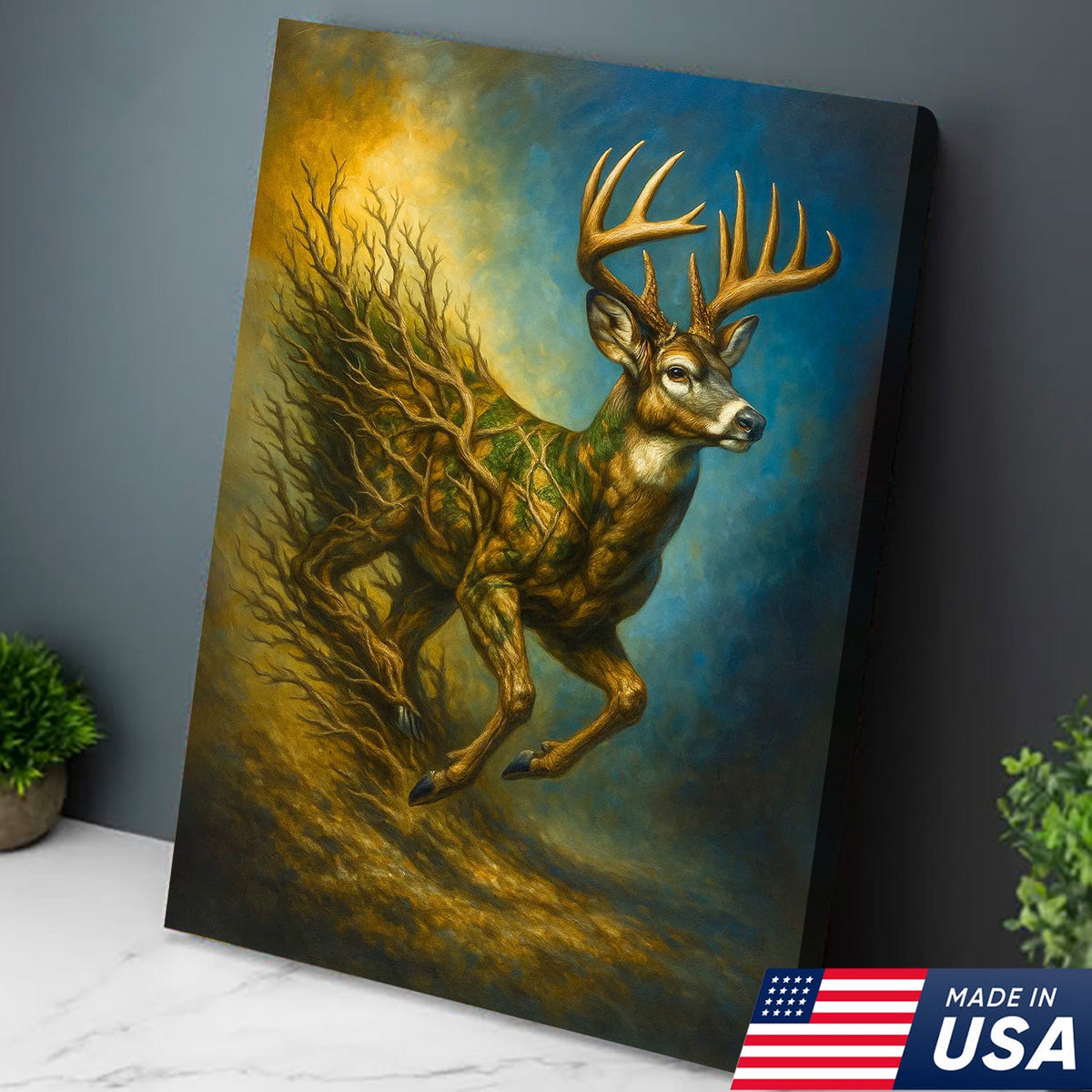 Majestic Deer Canvas Wall Art – Surreal Wildlife Nature Scene – Rustic Lodge and Cabin Decor
