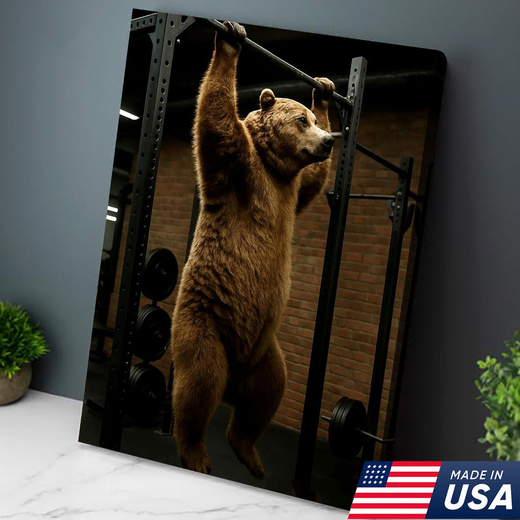 Gym Bear Canvas Wall Art, Funny Workout Animal Art, Fitness Motivation Decor