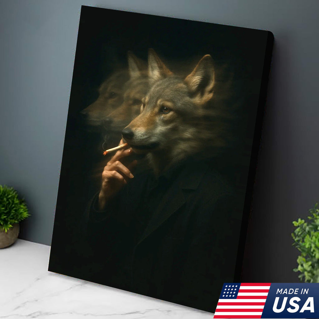 Mystical Wolf Coyote Canvas Wall Art - Mysterious Animal Portrait with Surreal Motion Effect