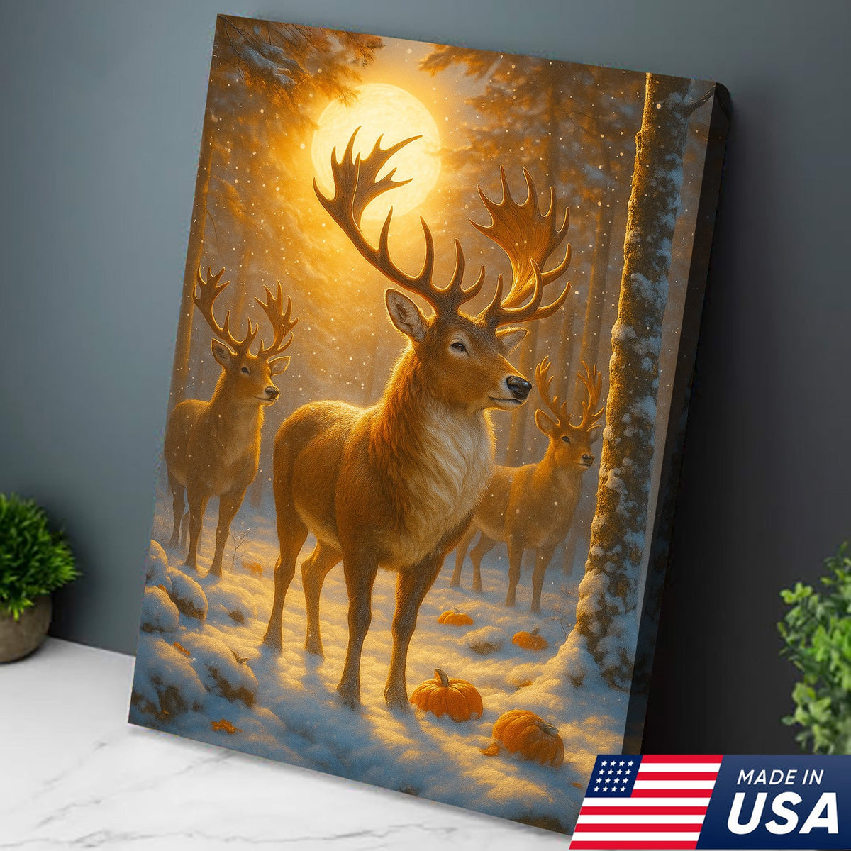 Majestic Winter Buck Under the Harvest Moon Canvas – Rustic Wildlife Wall Art
