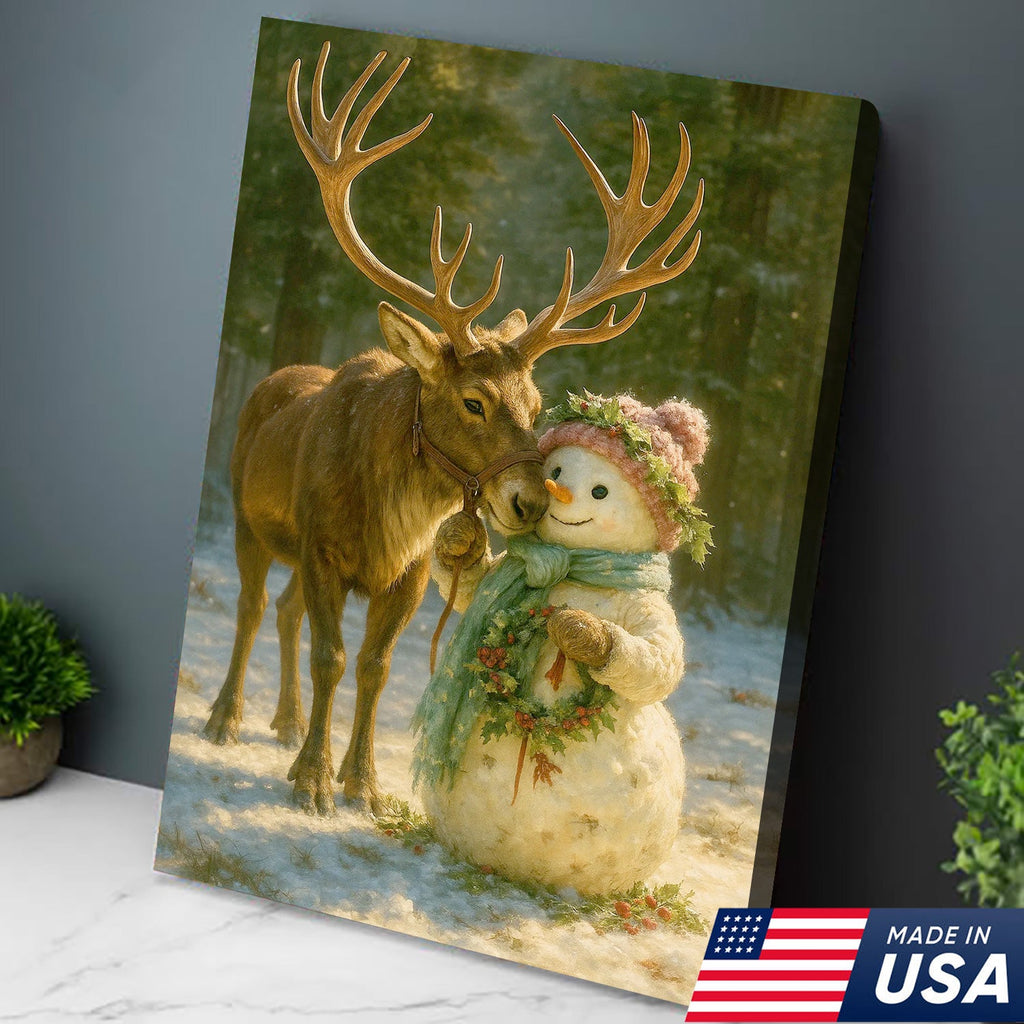 Reindeer and Snowman Friends Christmas Canvas Wall Art, Whimsical Winter Forest Holiday Print