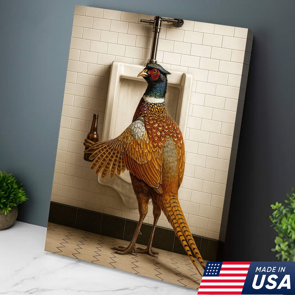 Funny Pheasant Canvas Wall Art – Hilarious Bathroom Humor Decor – Rustic Hunting Cabin Gag Gift