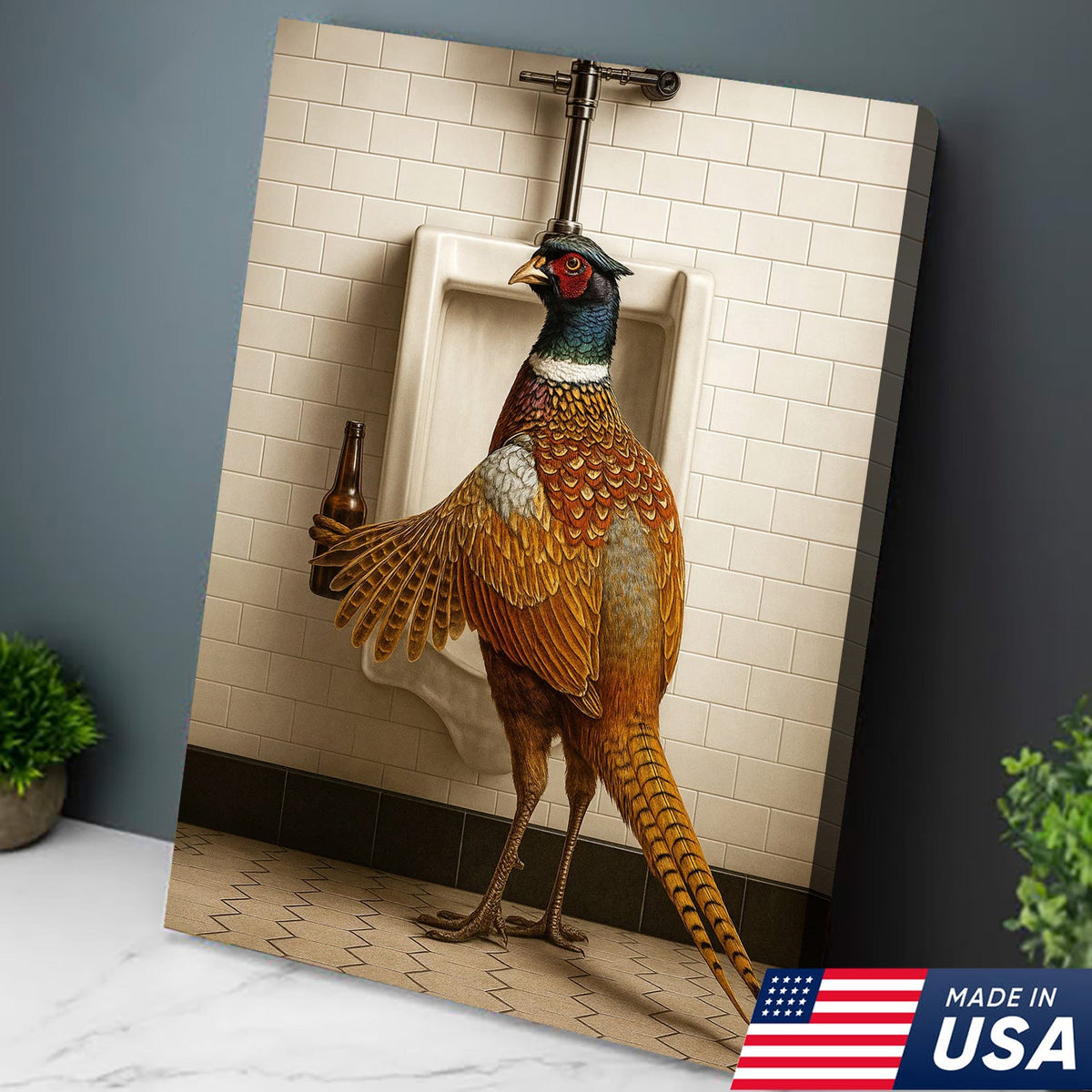 Funny Pheasant Canvas Wall Art – Hilarious Bathroom Humor Decor – Rustic Hunting Cabin Gag Gift