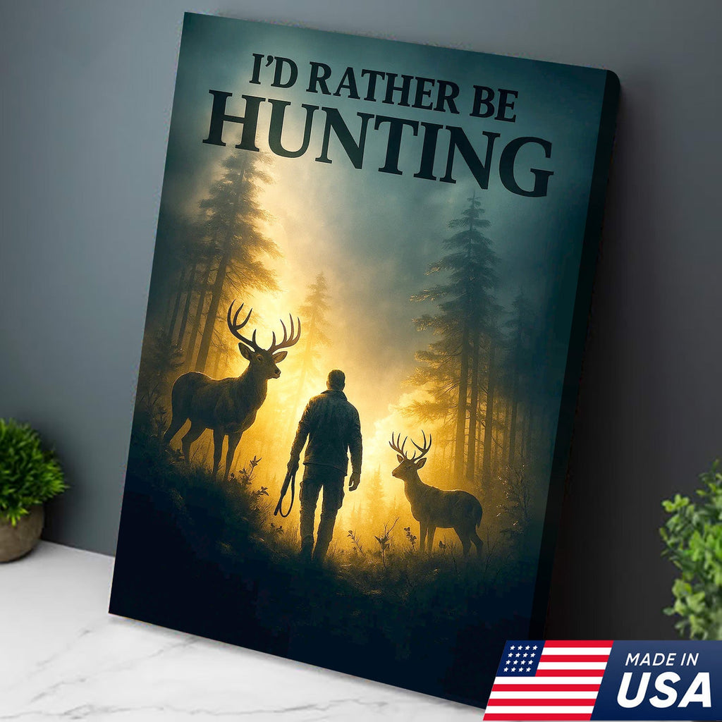 I'd Rather Be Hunting Canvas Wall Art – Rustic Deer and Hunter Scene – Cabin Lodge Outdoor Decor