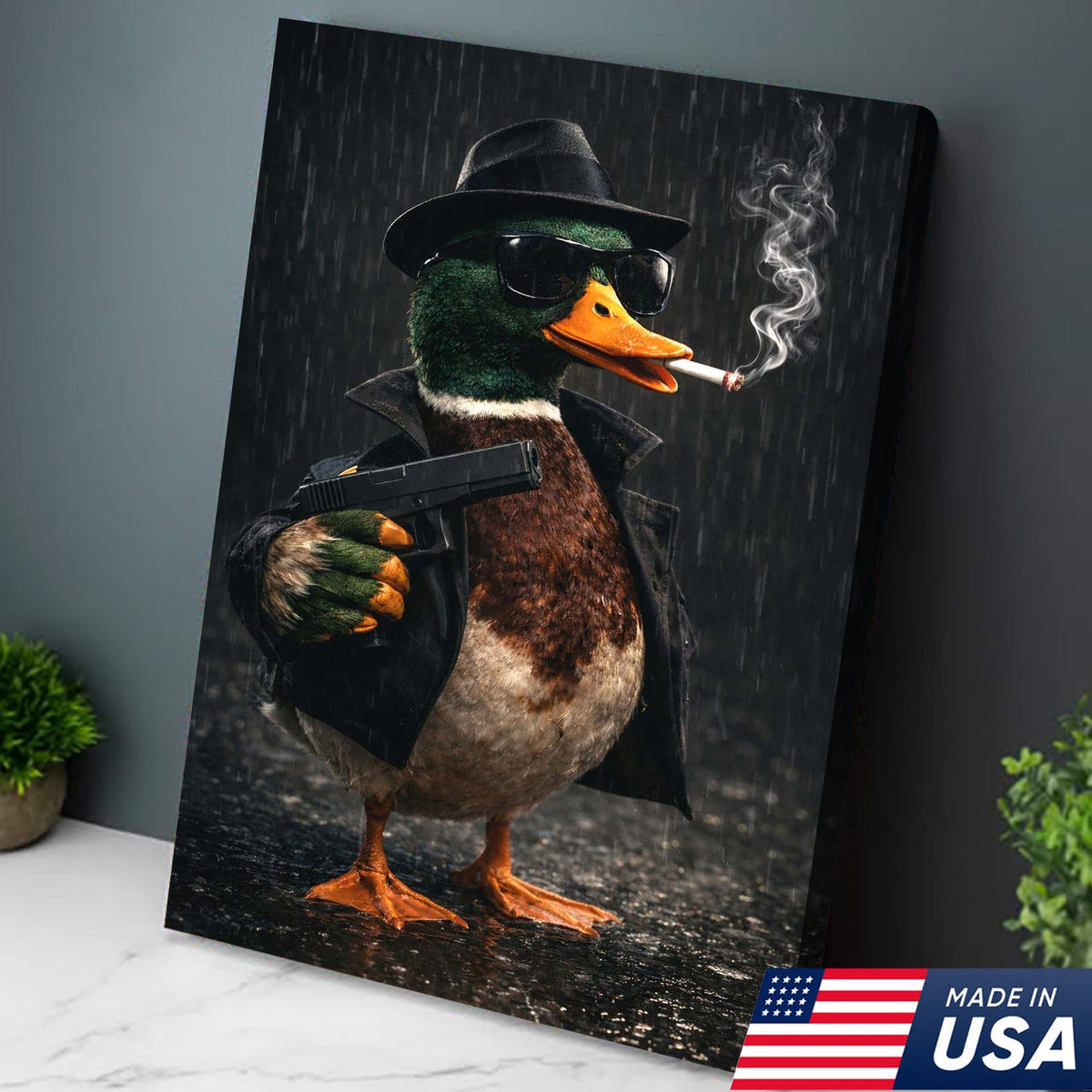 Noir Gangster Duck Canvas Wall Art, Dark Cinematic Animal Illustration