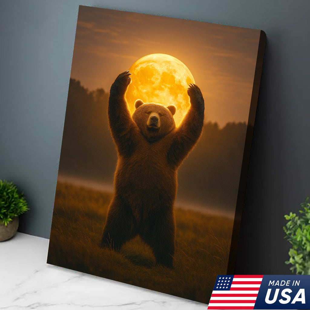 Bear Holding the Full Moon Wall Art Canvas – Mystical Wildlife Decor for Cabin & Nature Lovers