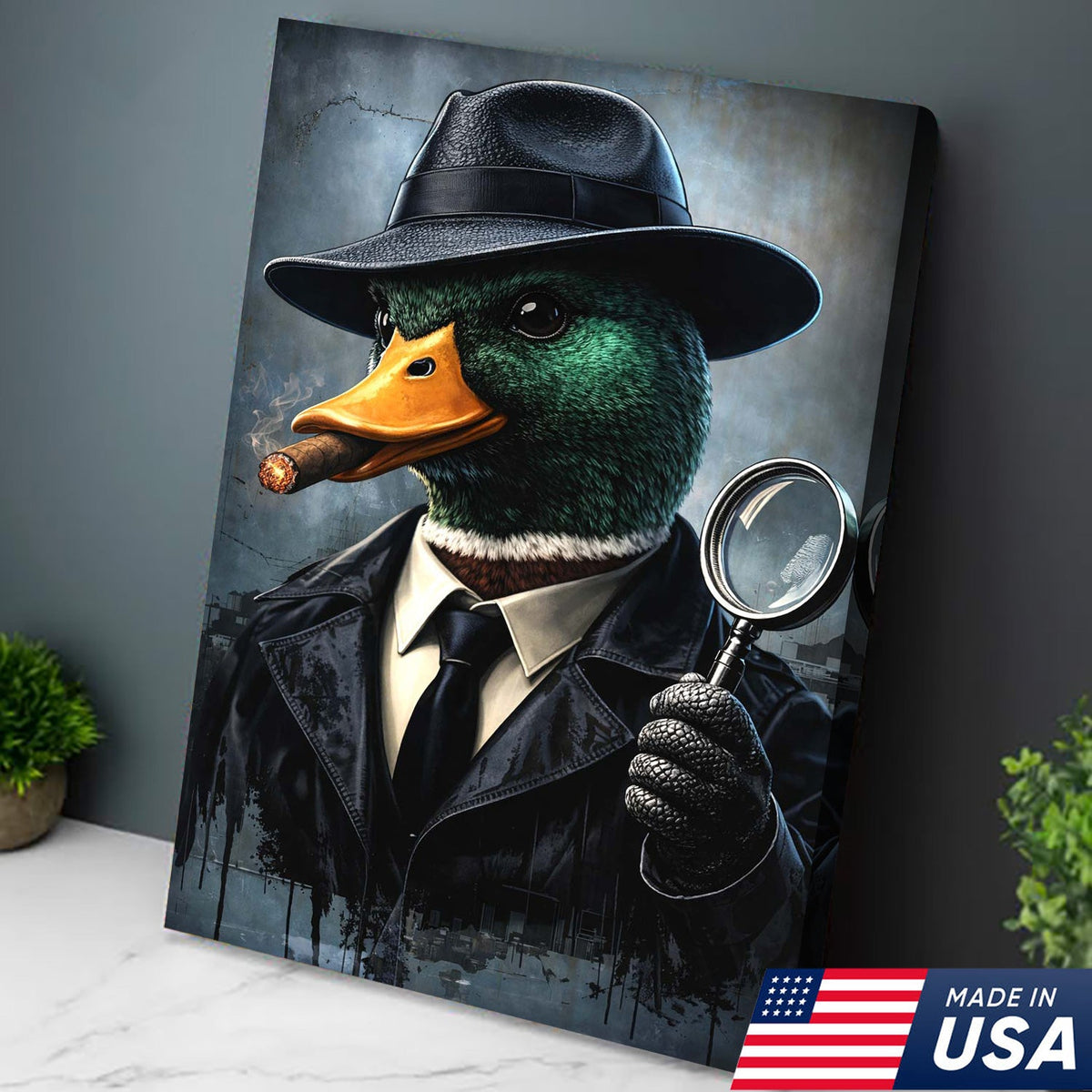 Noir Detective Duck Canvas Wall Art, Cinematic Animal Portrait Painting