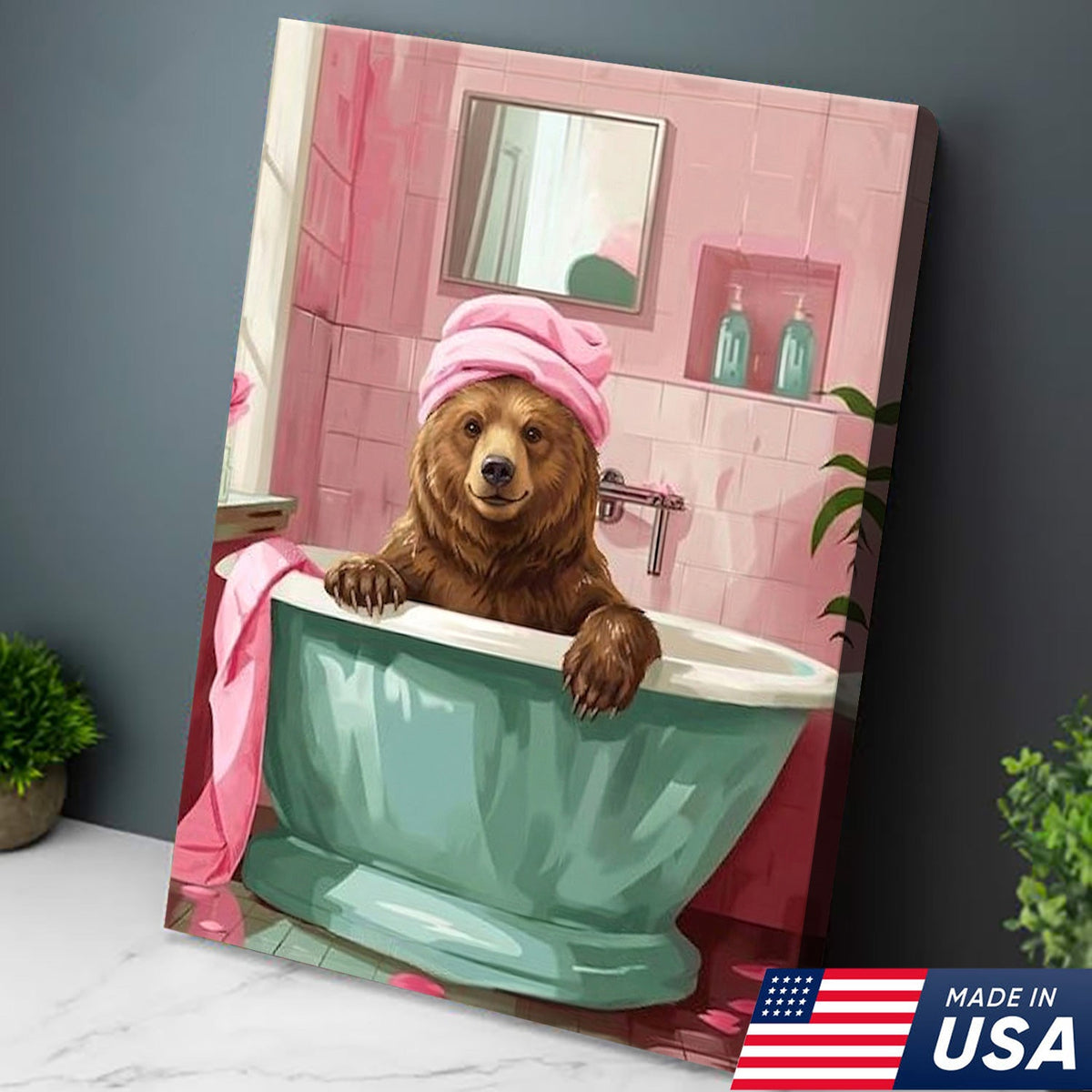 Funny Bear Bathroom Wall Art, Cute Bath Bear Canvas, Pink Bathroom Decor