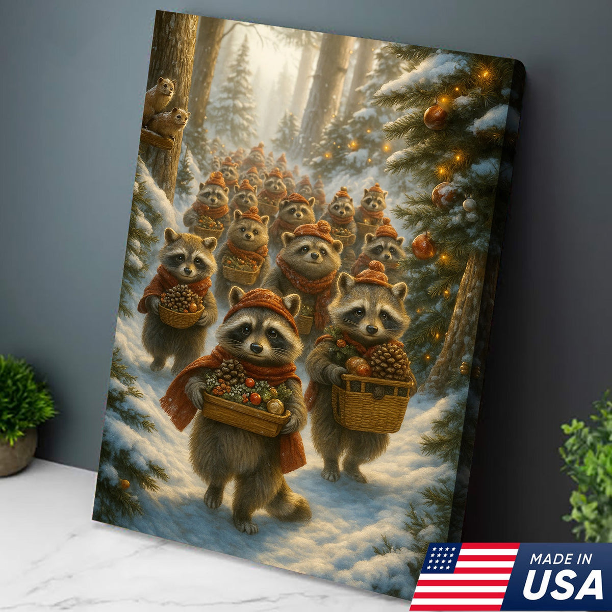 Raccoon Christmas Parade Canvas – Cozy Winter Woodland Wall Art