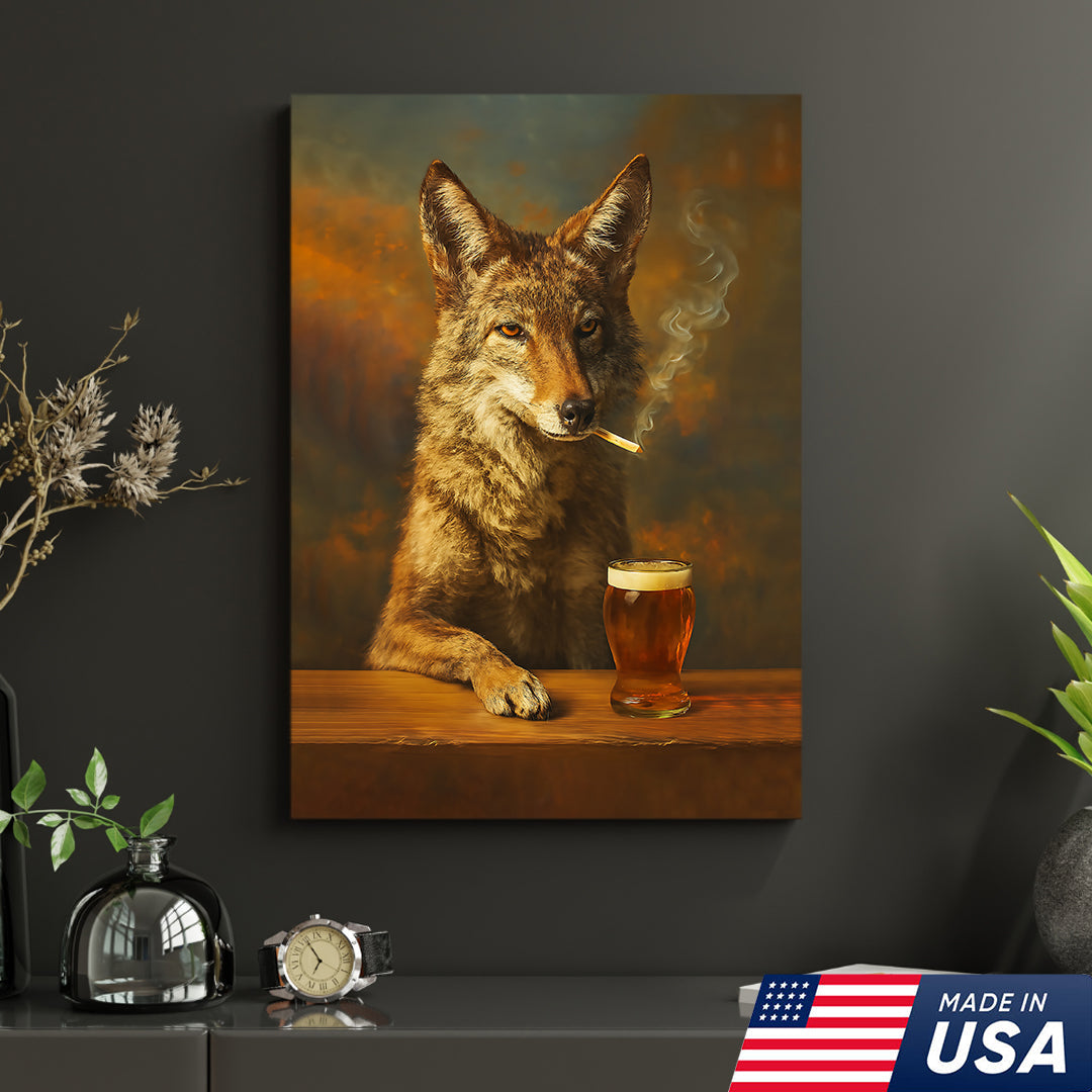 Smoking Wolf Coyote with Cocktail Glasses Canvas – Funny Hunting Wall Art for Man Caves