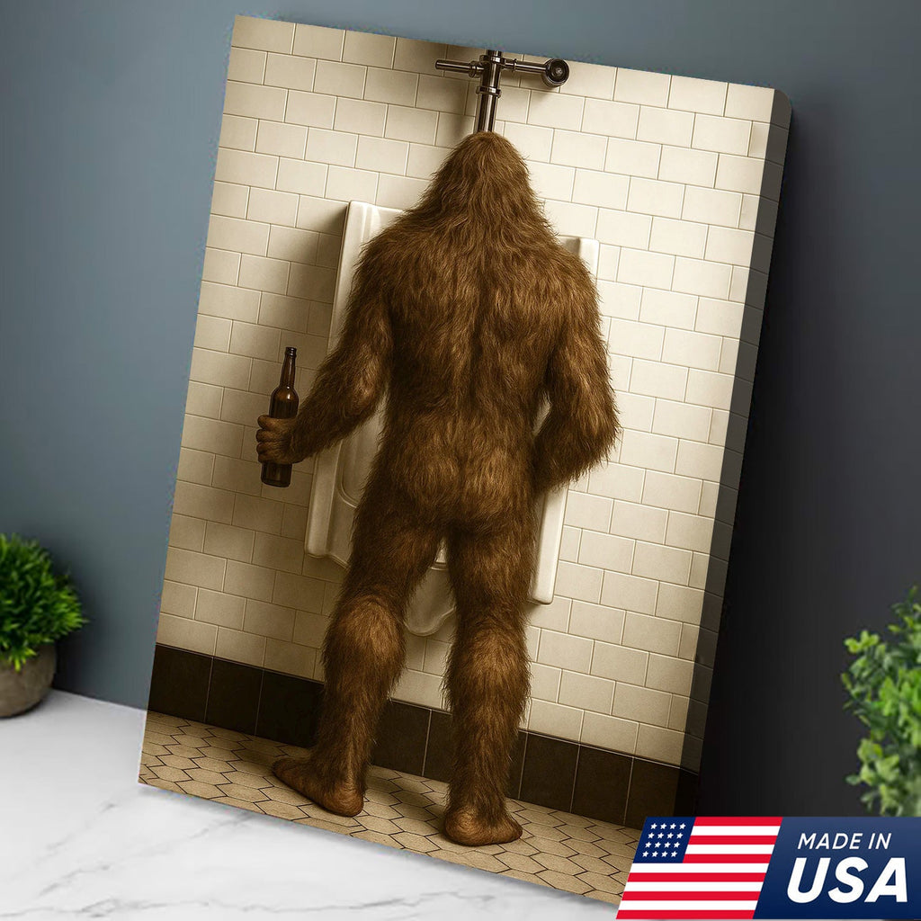 Bigfoot Funny Canvas Wall Art – Hilarious Bathroom Humor Decor – Rustic Cabin Gag Gift