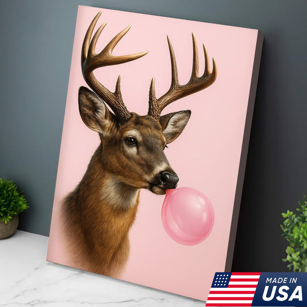 Funny Deer Blowing Bubblegum Wall Art – Modern Animal Canvas Print for Living Room