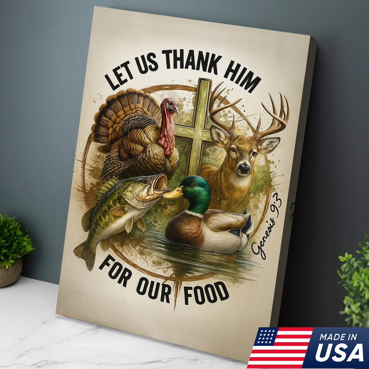 Christian Hunting Canvas Wall Art — “Let Us Thank Him For Our Food” with Deer, Turkey, Duck & Fish