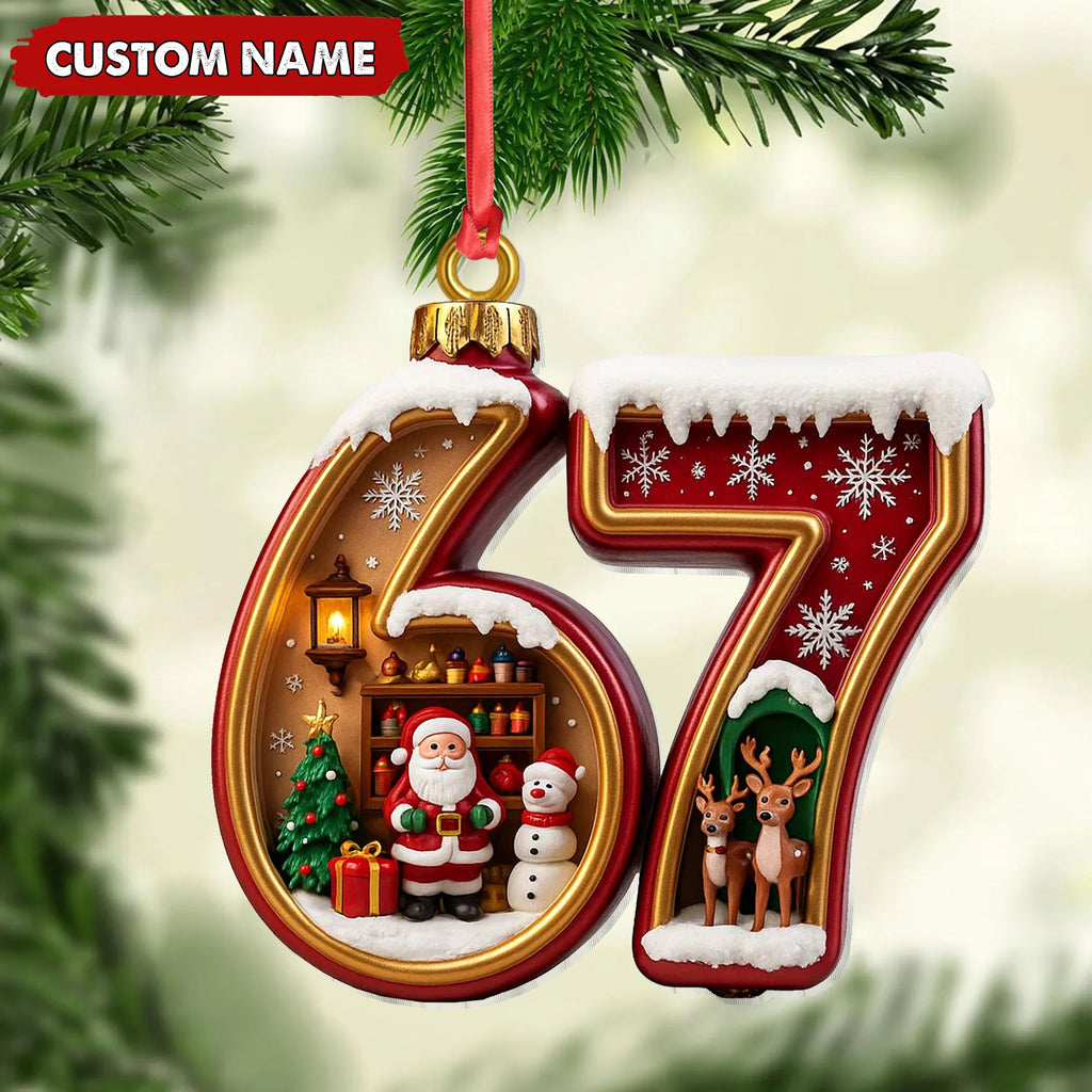 Personalized 67 Christmas Ornament, Custom Name Santa & Reindeer Number 67 Bauble, Holiday Tree Decoration