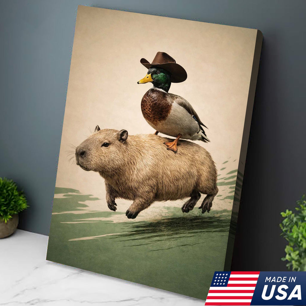 Whimsical Cowboy Duck Riding Capybara Canvas Wall Art, Surreal Animal Adventure Painting