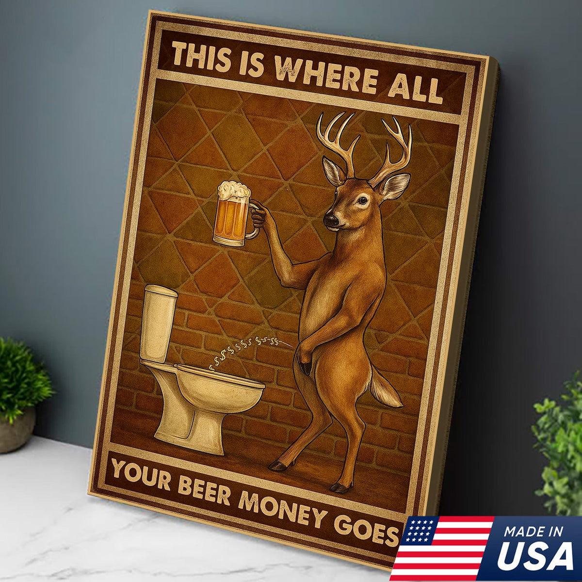 Funny Deer Beer Canvas Wall Art – Rustic Hunting Lodge Bar Decor Gift for Hunters & Beer Lovers