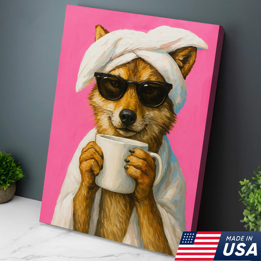 Funny Fox Drinking Coffee Wall Art – Modern Animal Canvas Print for Kitchen