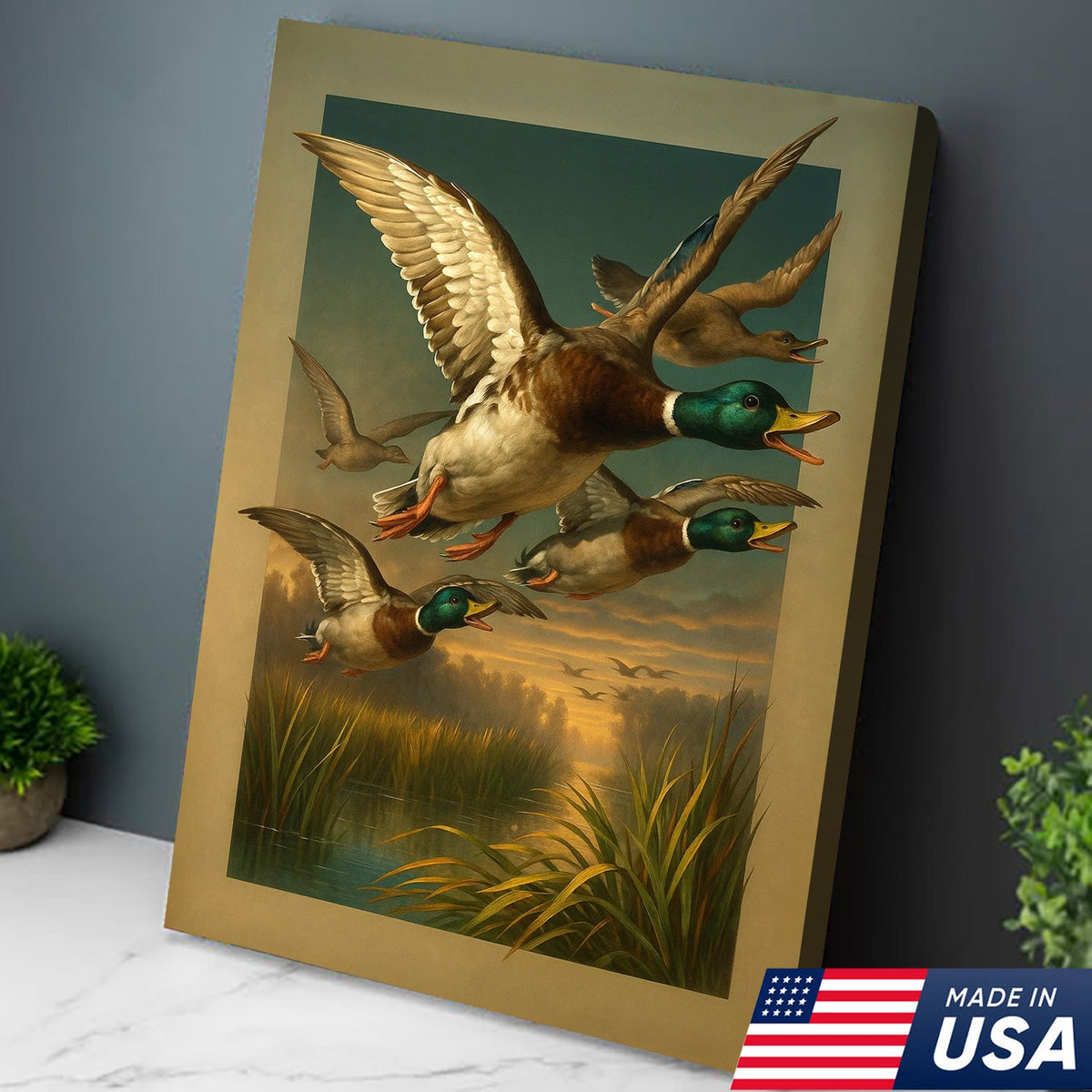 Mallard Ducks Flying Over Marsh Wall Art – Vintage Wildlife Canvas Print