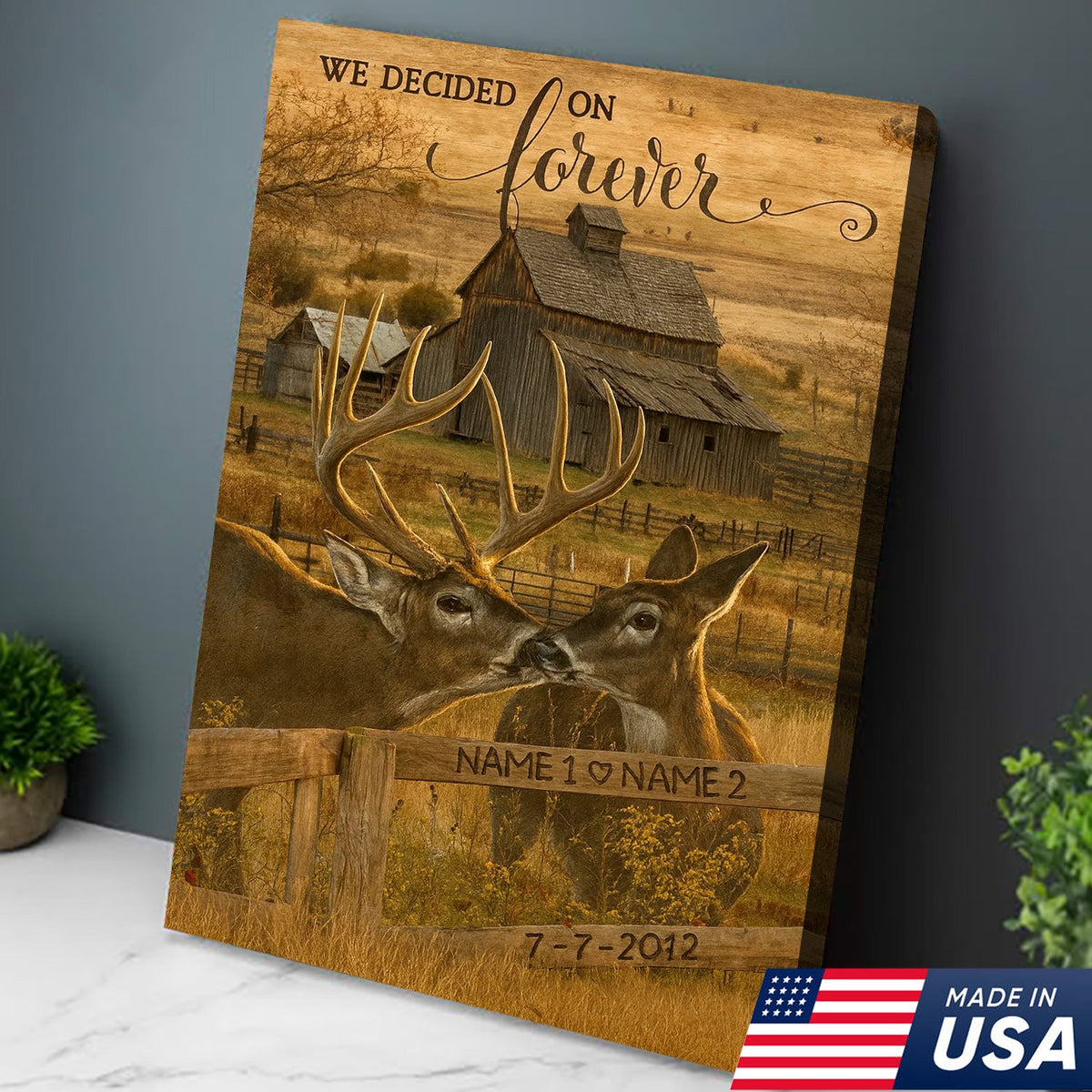 Rustic Deer Couple Canvas Art – Personalized Farmhouse Buck & Doe Kissing Scene