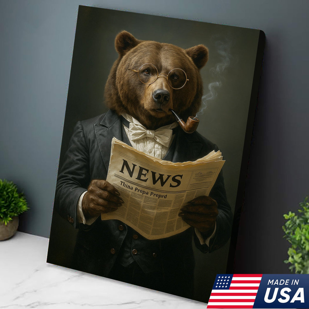 Bear Reading Newspaper Canvas Wall Art – Vintage Gentleman Bear Wall Decor for Home & Office