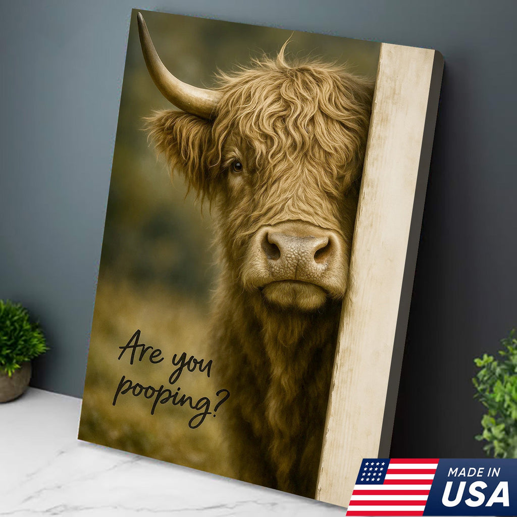 Highland Cow Bathroom Wall Art, Funny “Are You Pooping?” Farmhouse Canvas