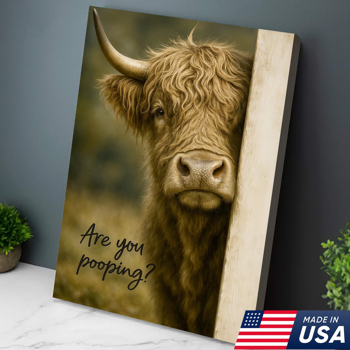 Highland Cow Bathroom Wall Art, Funny “Are You Pooping?” Farmhouse Canvas