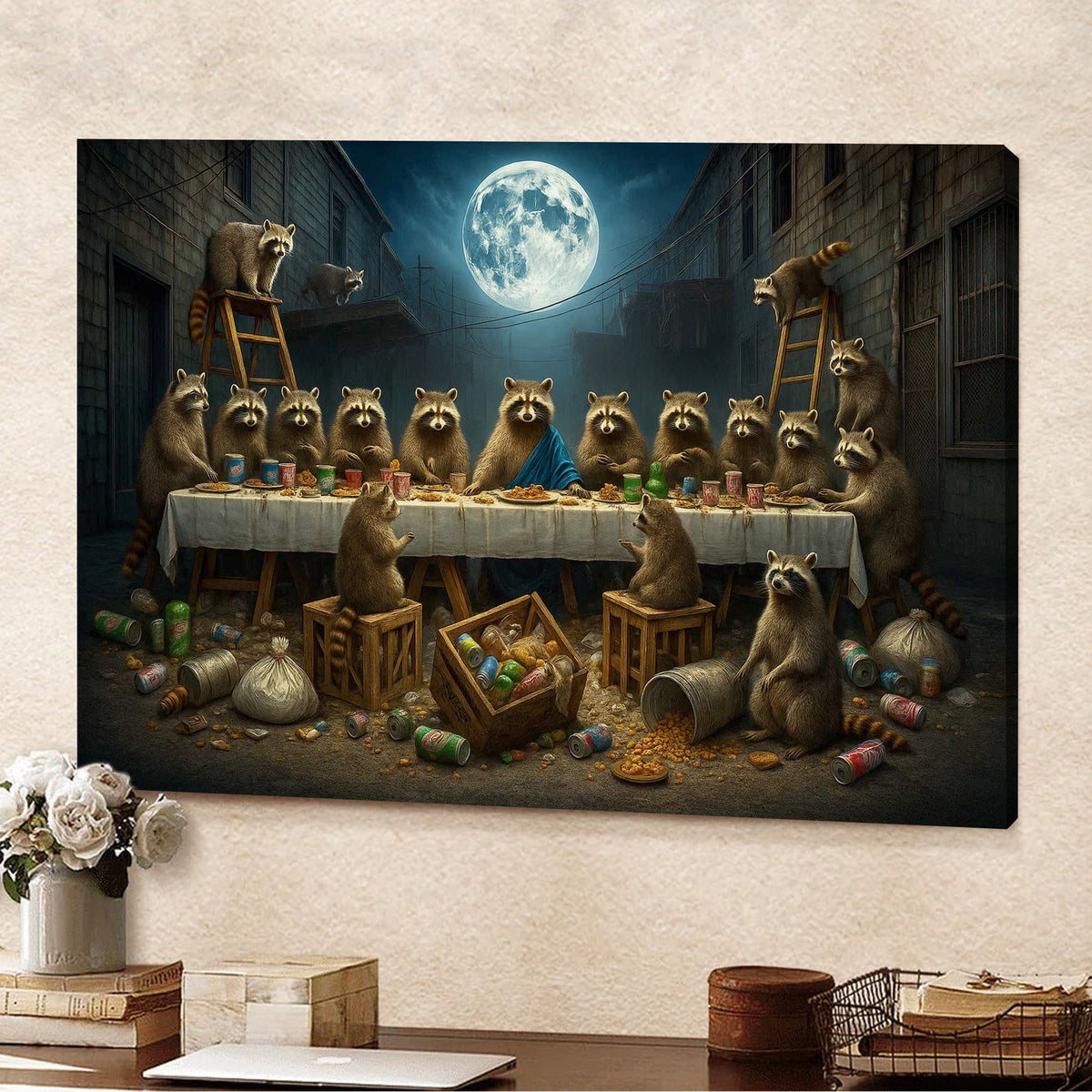 Raccoon Last Supper Canvas Art – Funny Moonlit Trash Raccoon Feast