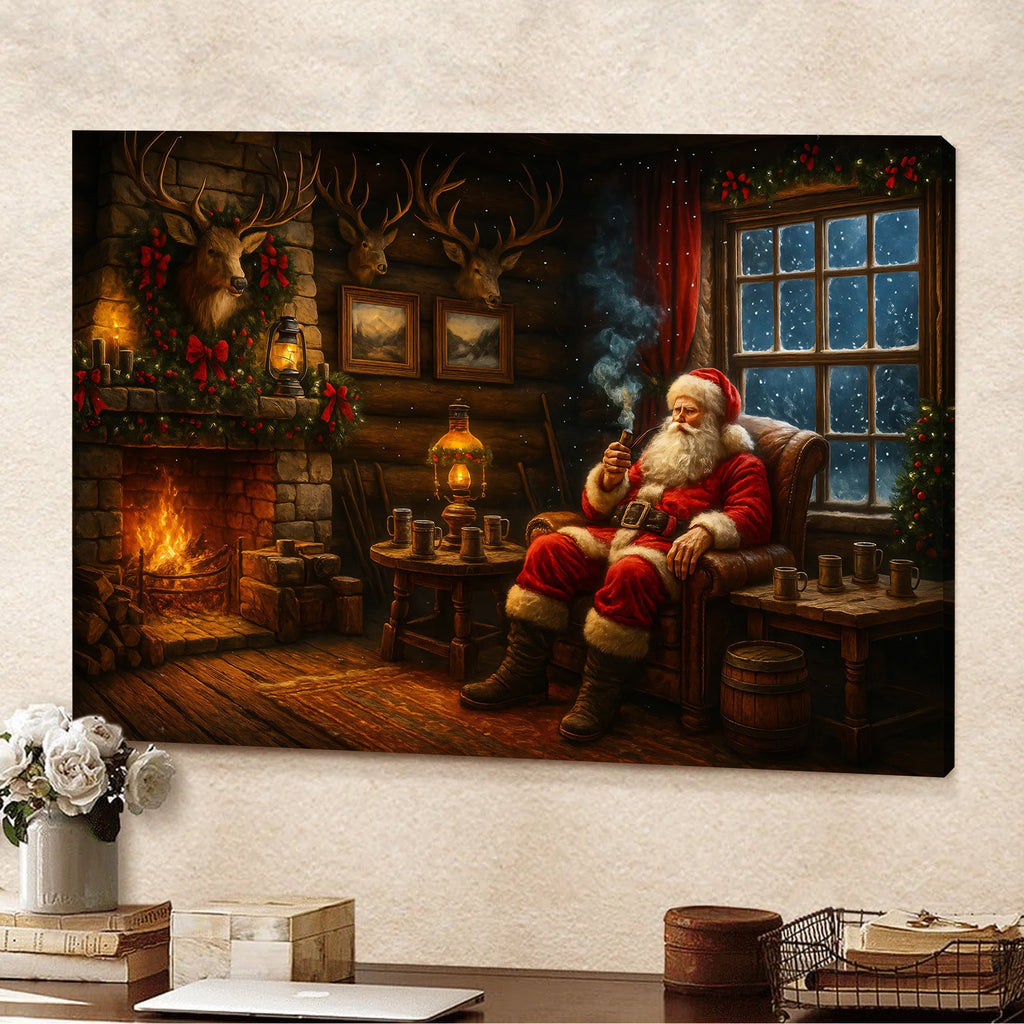 Christmas Santa Cabin Canvas Wall Art, Rustic Fireplace Holiday Decor