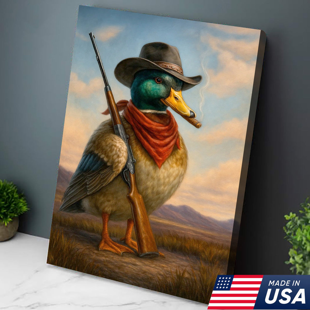 Cowboy Duck with Rifle Canvas Wall Art, Funny Western Hunter Decor for Lodge or Cabin