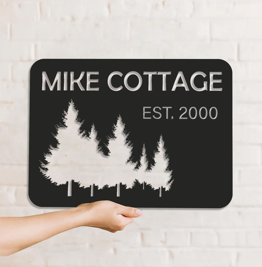 Personalized Forest Metal Sign WITH LED/WITHOUT LED - Rustic Cabin Name Sign With Pine Trees