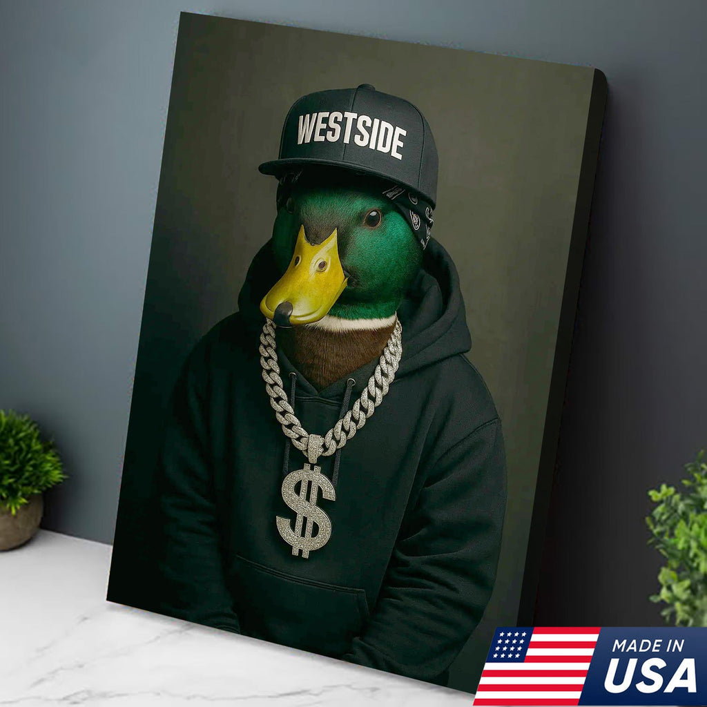 Gangster Duck Canvas Wall Art – Funny Animal Portrait, Hip Hop Duck Decor