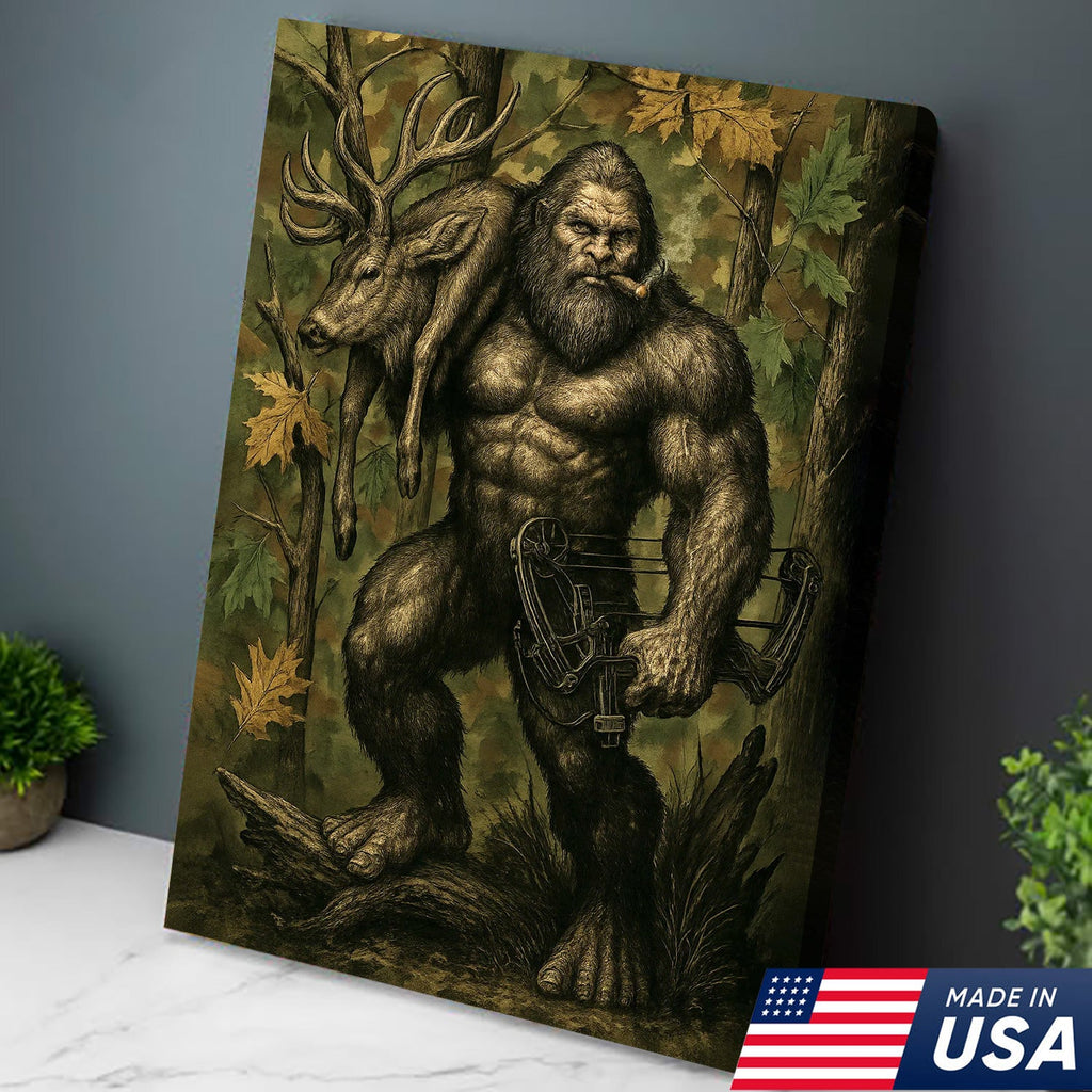 Bigfoot Hunter Canvas Wall Art, Mythical Sasquatch Bowhunting Deer Artwork