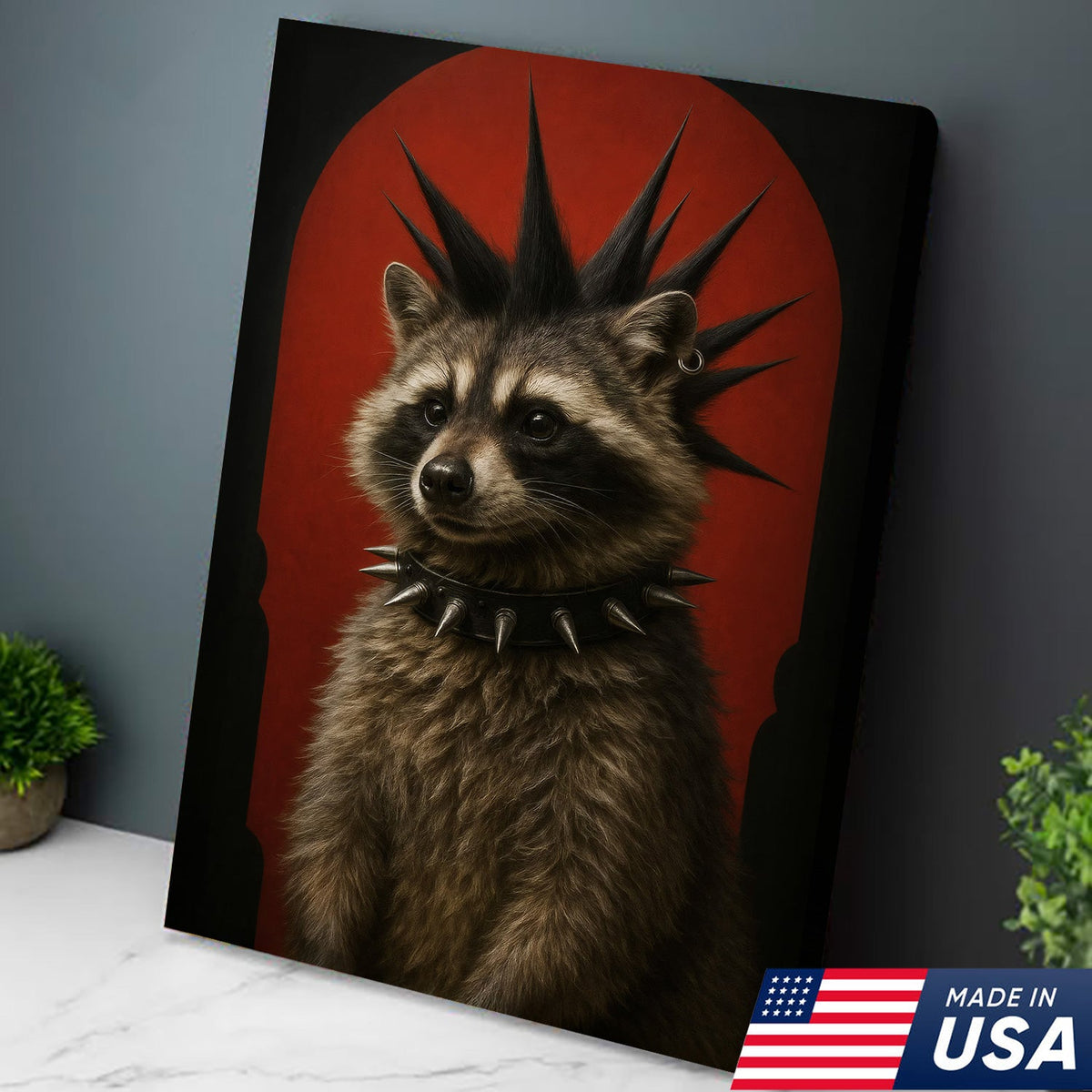 Punk Raccoon Canvas Wall Art, Spiked Mohawk Animal Portrait, Gothic Aesthetic Room Decor