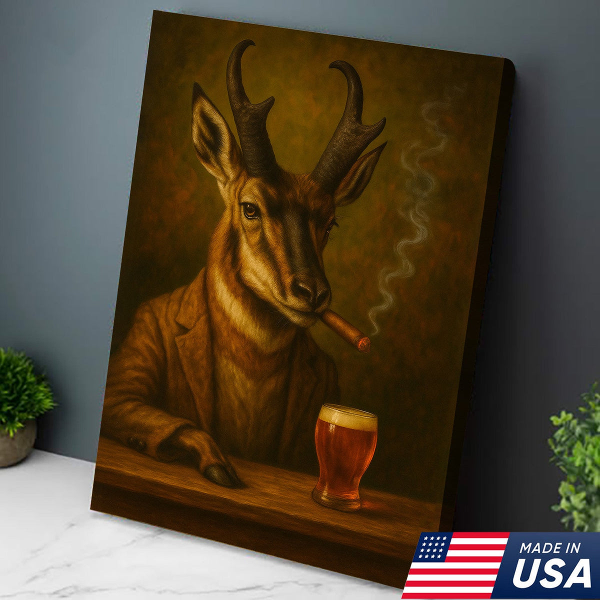 Funny Antelope Smoking & Beer Glass Canvas Wall Art - Hunting Perfect Gift for Hunters