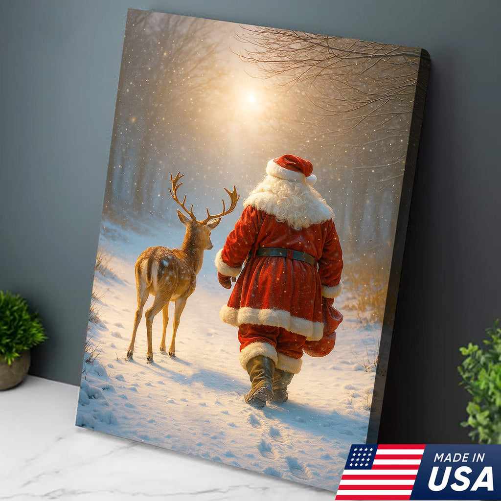 Santa and Deer Christmas Canvas Wall Art – Cozy Winter Forest Decor, Holiday Gifts for Home Lovers