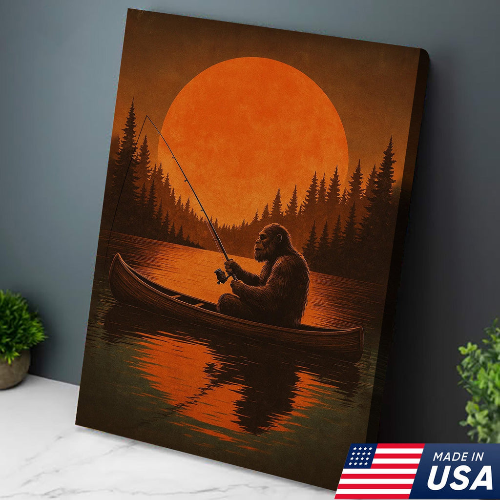 Funny Bigfoot Fishing Wall Art – Sasquatch Canoe Sunset Canvas for Anglers, Hunters