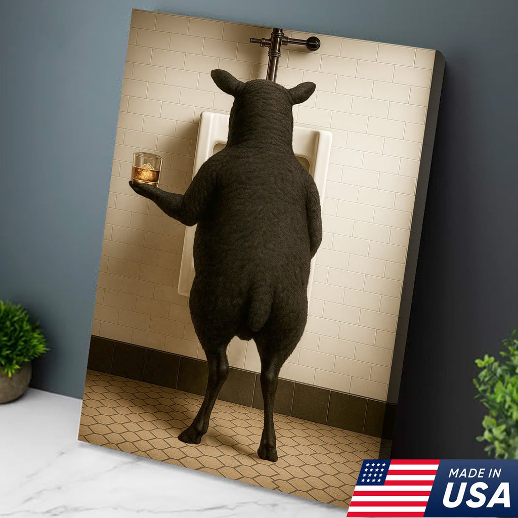 Funny Black Sheep Bathroom Wall Art, Drinking Sheep Humor Canvas Print