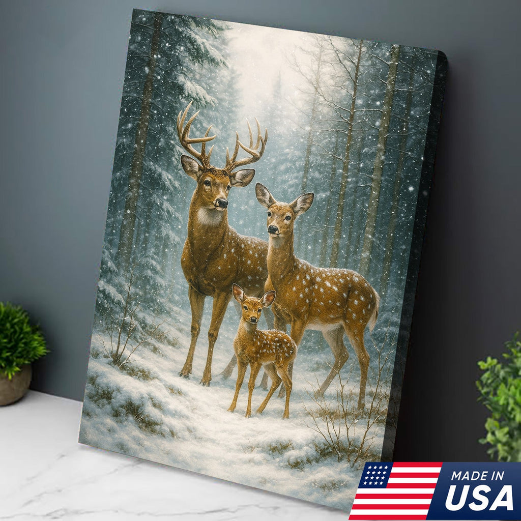Deer Family Winter Forest Wall Art Canvas – Christmas Wildlife Gift for Nature Lovers & Cabin Homes