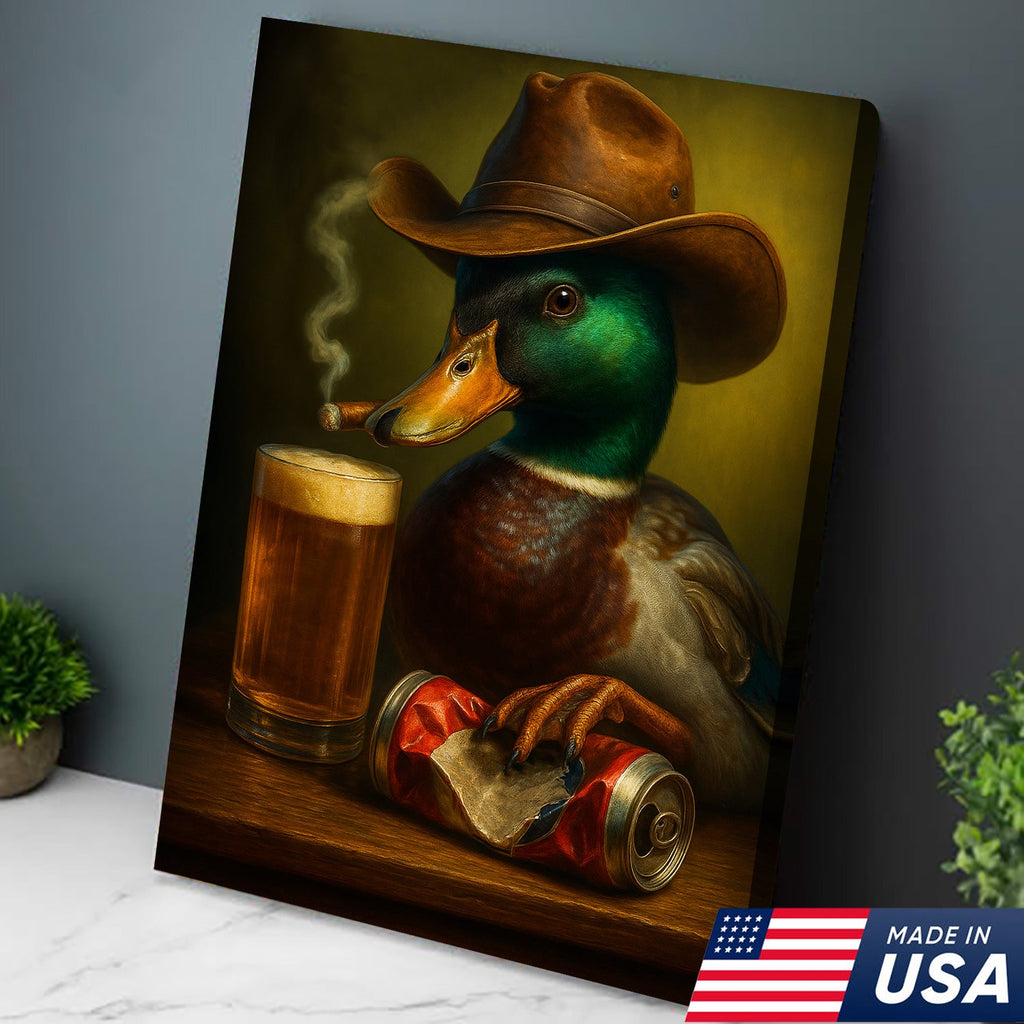 Duck Cowboy Canvas Wall Art – Funny Rustic Beer Decor for Waterfowl Hunters & Cabins