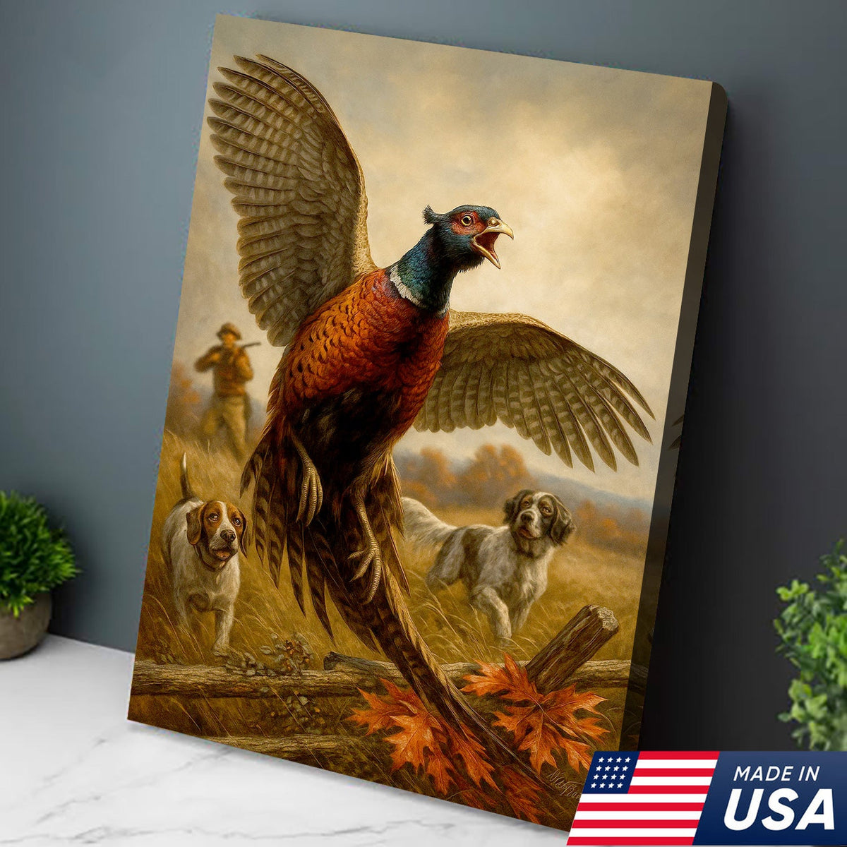 Pheasant Hunting Canvas – Flushing Bird with Pointing Dogs, Cabin & Man Cave Wall Art