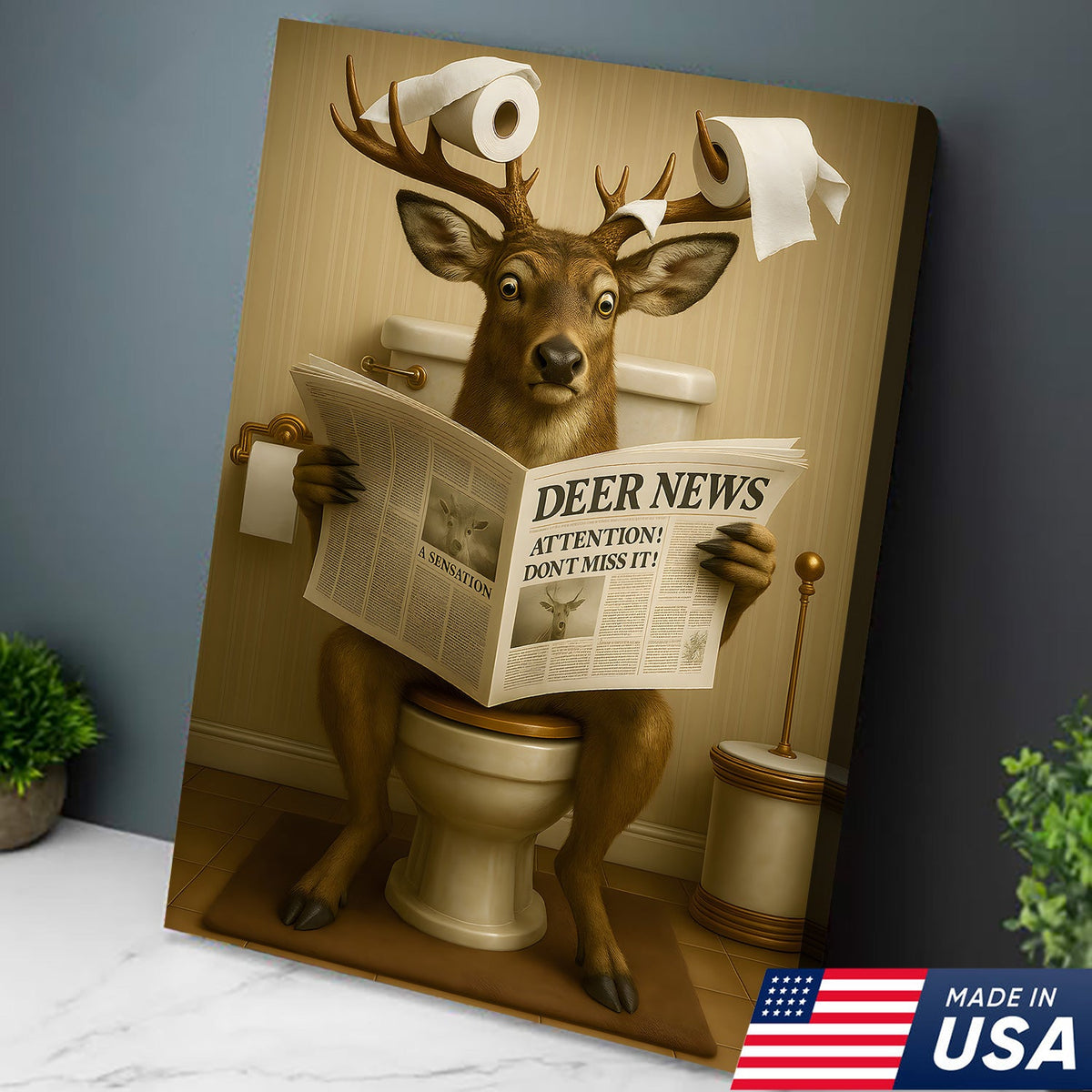 Funny Deer Bathroom Canvas – “Deer News” Toilet Wall Art for Hunters, Cabin, or Man Cave Decor