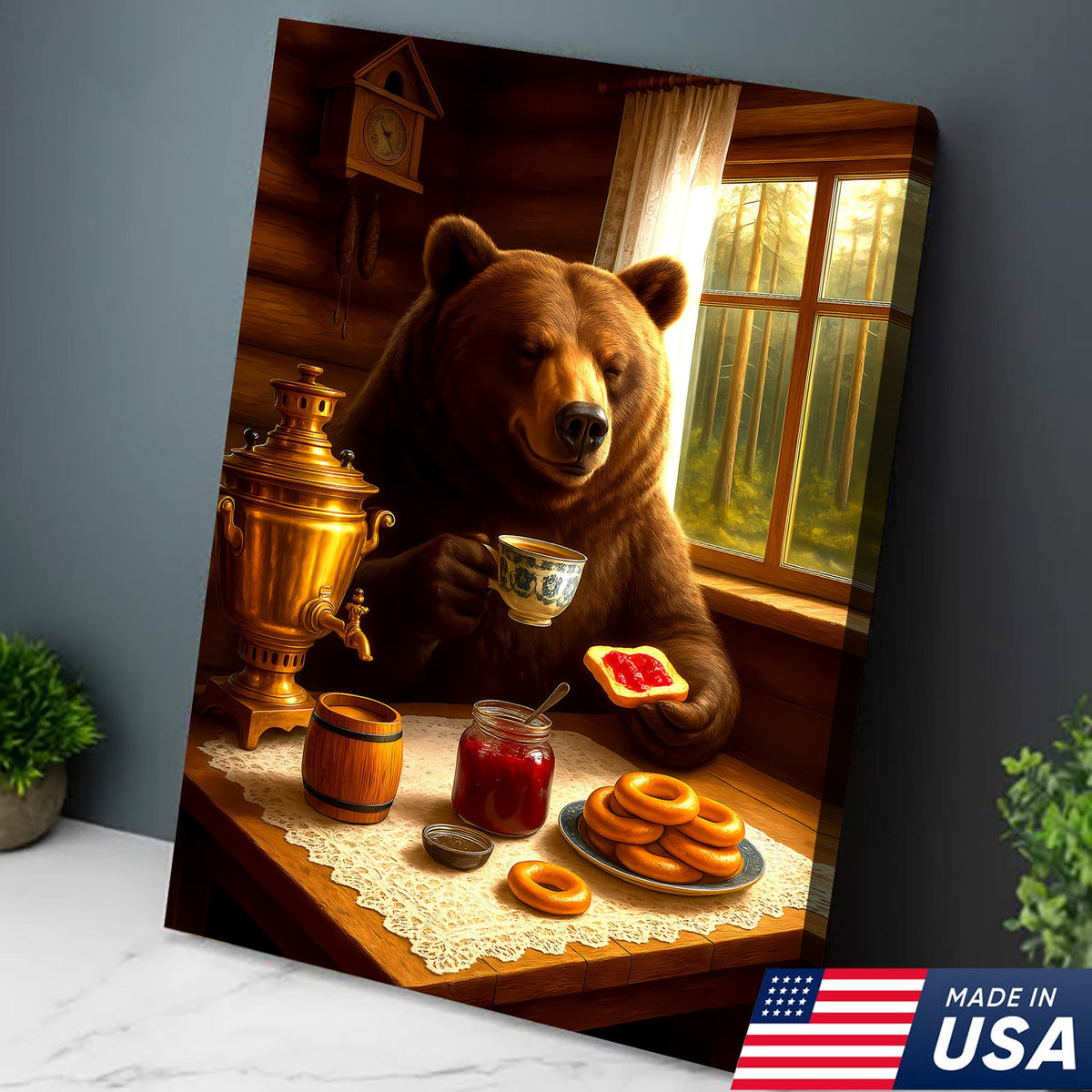 Relaxed Bear Having Tea Canvas Wall Art – Rustic Decor Funny Cozy Animal Canvas Art