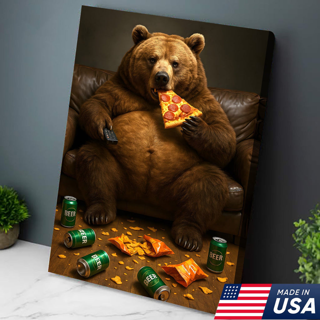 Funny Bear Eating Pizza Canvas Wall Art – Lazy Beer Lover Animal Canvas, Man Cave
