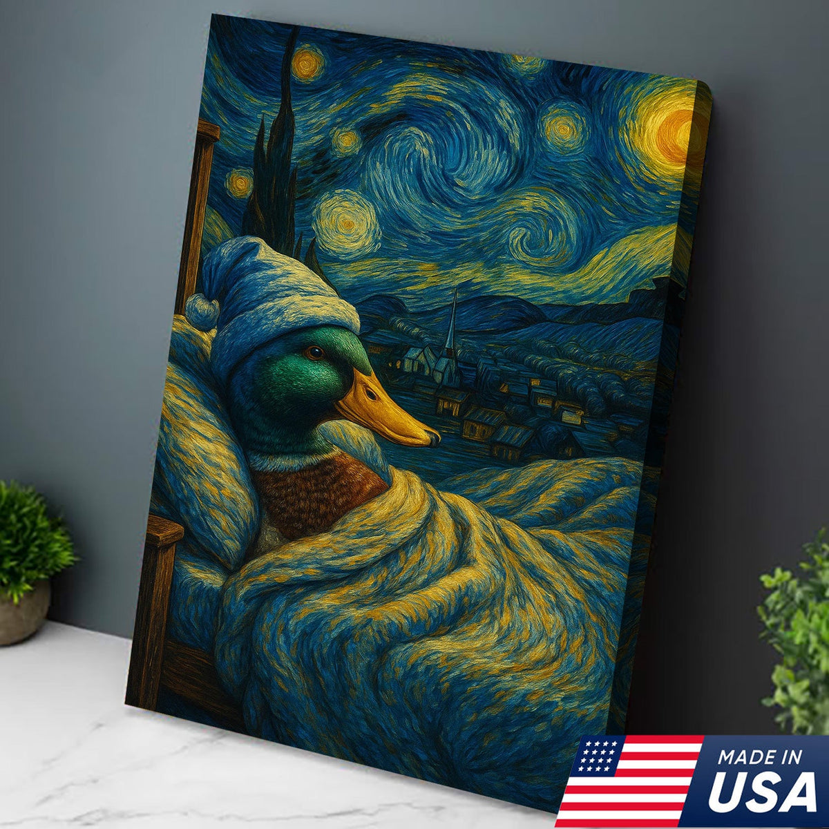 Starry Night Duck Canvas – Funny Van Gogh Parody with Cozy Duck in Bed