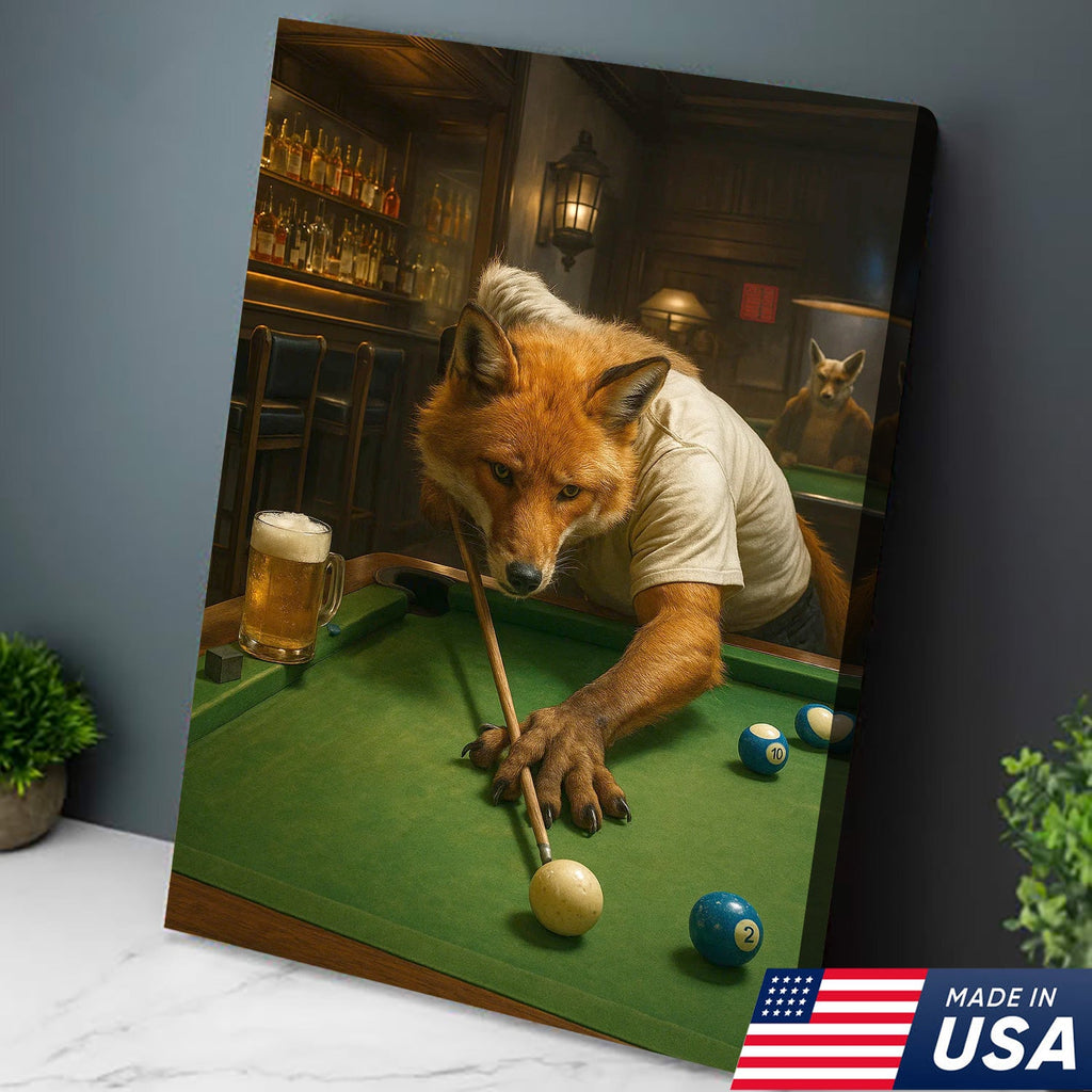 Fox Playing Pool Canvas Wall Art, Funny Billiards Room Decor, Game Room & Pool Hall Gift